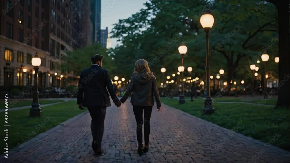 Couple walking in the night city, romantic lovely couple walking holding hands in park in society under sodium light streetlamp generative AI Couple walking in the night city, romantic lovely couple walking holding hands in park in society under sodium light streetlamp generative AI