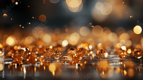 Abstract golden background with bokeh effect and shining defocused glitters. Festive gold texture for Christmas, New Year, birthday, celebration, greeting, victory, success, magic party