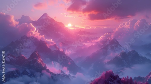 magical sunrise overmountain range  where the sky is painted with soft fluffy hues of pink and lavender