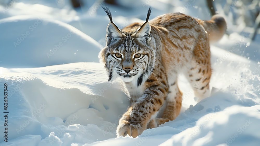 Photograph a lynx stalking through the snow, its tufted ears and keen eyes focused intently on its prey Photograph a lynx stalking through the snow, its tufted ears and keen eyes focused intently on its prey