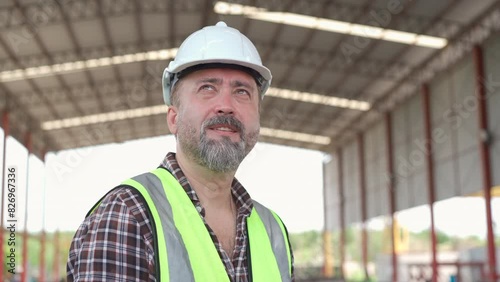 Portrait footage showing a good looking and smart male senior engineer standing in the construction site. 