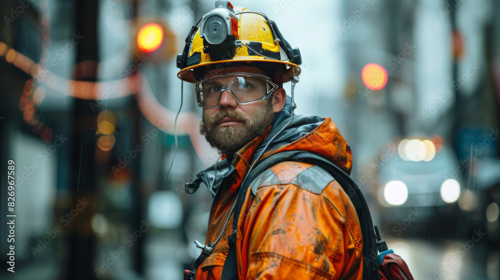 A construction worker wearing an orange hard hat and reflective gear stands alert on a rainy city street. A construction worker wearing an orange hard hat and reflective gear stands alert on a rainy city street.
