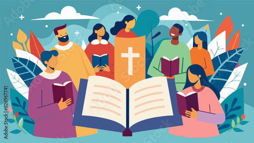 Bibles open to follow the lyrics the community coming together to celebrate their shared beliefs and devotion.. Vector illustration photo