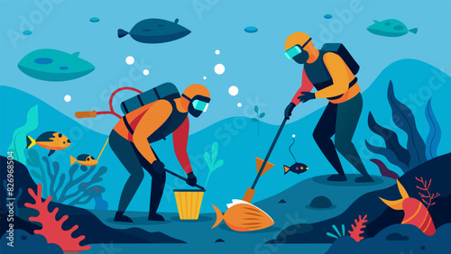 With their specialized equipment and knowledge the divers are able to reach deeper areas of the reef removing harmful debris and giving new life to. Vector illustration