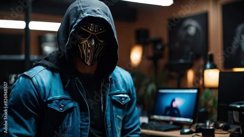 A hacker or data stealer wearing a hoodie and metal mask trying to speak and give a message, a rogue personality generative AI photo