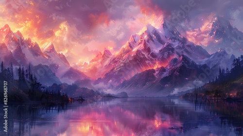 majestic mountain range with peaks glowing in soft liquid hues