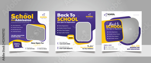 School admission social media post banner, educational social media post square flyer back to school web banner design template.	
