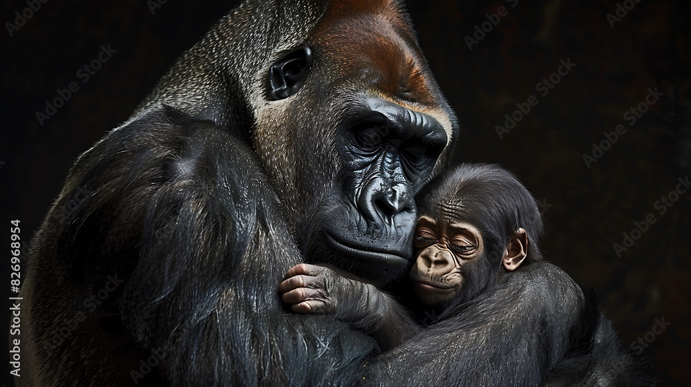 Obraz premium Snap a shot of a gorilla cradling its infant, the tenderness and protective nature of the moment evident in their bond