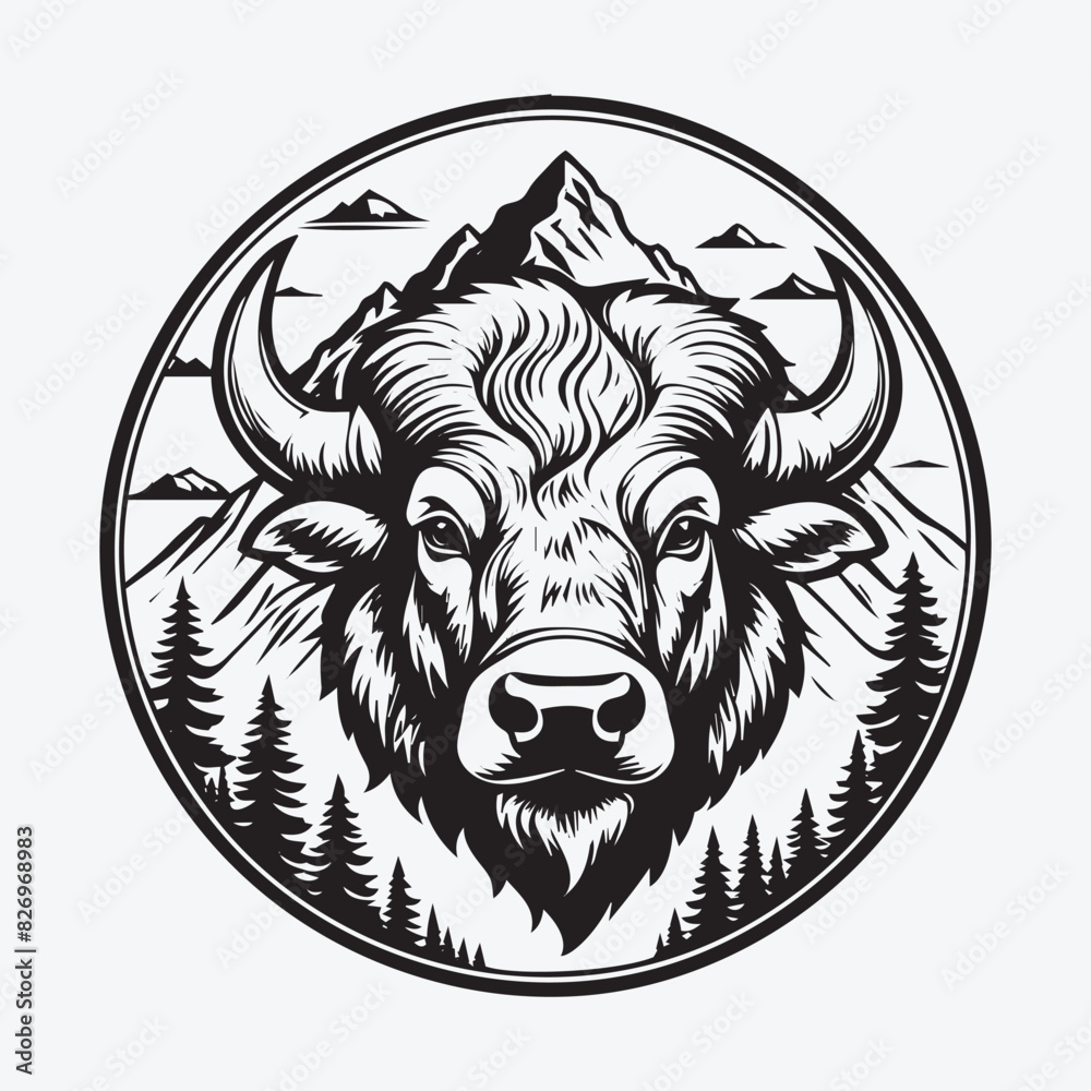 Mountain Bison Logo, Majestic Black and White Line Art Mountain Bison Logo, Majestic Black and White Line Art