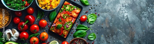 A food delivery app on a smartphone with a background of fresh ingredients, modern and bright, high detail