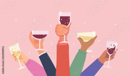 Happy people celebrating party, Hand with champagne for celebration. People Toasting With Wine Or Champagne. Glasses of champagne.