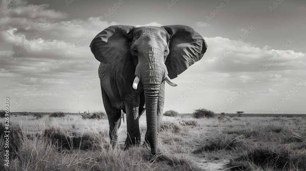 Naklejka premium Powerful Elephant Stands Alone in the Vast African Savanna Landscape description:This striking