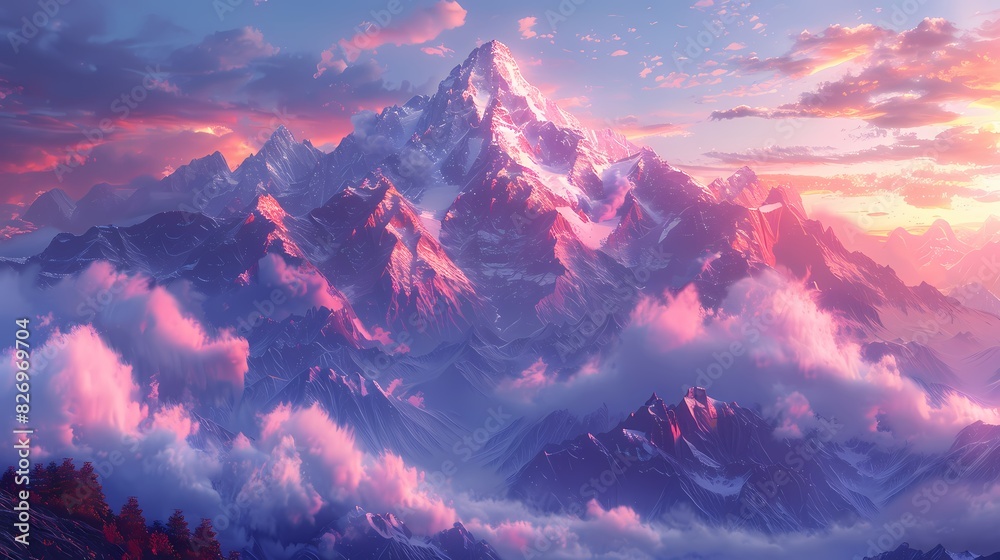 majestic mountain vista with peaks in soft liquid hues