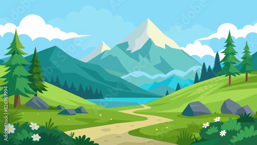 The quiet tranquility of a serene alpine meadow envelops you as you pause your climb to take in the peaceful surroundings.. Vector illustration