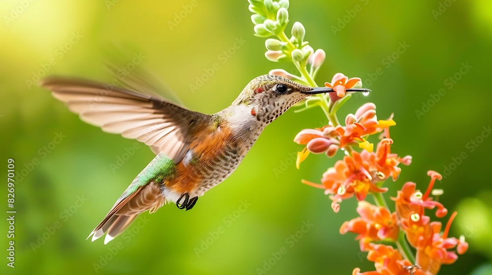 Fototapeta premium Snap a picture of a hummingbird hovering near a flower, its wings a blur of motion as it feeds on nectar