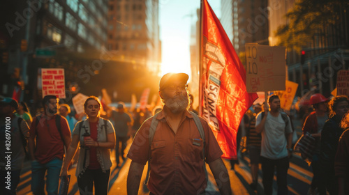 Protesters march through city streets at sunset, led by a man carrying a red flag, demonstrating unity and determination. photo