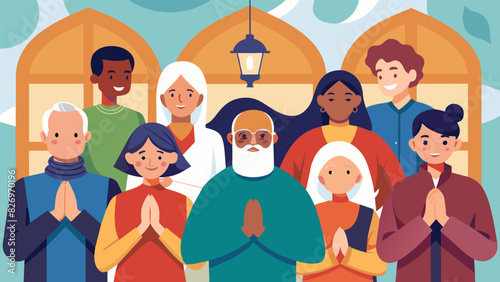 A group of community members of different faiths coming together in a home united in prayer for peace and understanding.. Vector illustration