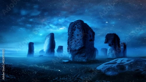 The large stone monument originates from the megalithic era where people used large stone tools for traditional ceremonies, etc. the blue atmosphere is mystical and cinematic photo
