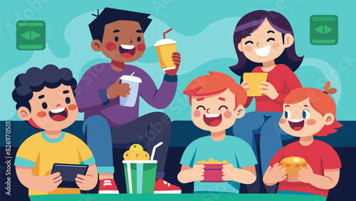 Laughter and friendly competitiveness fill the air as the junior gamers take a break from gaming to enjoy some snacks and soda.. Vector illustration