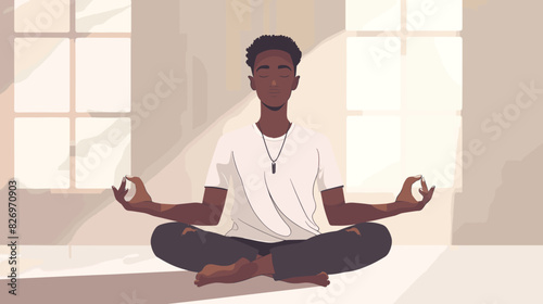 Serene African American man meditating cross-legged on floor, practicing morning yoga and breathing exercises