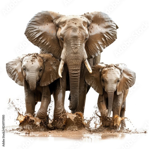 A family of elephants splashing and playing in a muddy watering hole, their trumpets filling the air isolated on white background   photo