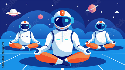 In the VR meditation room astronauts take a break from their intense physical training to practice calming breathing exercises and improve their. Vector illustration