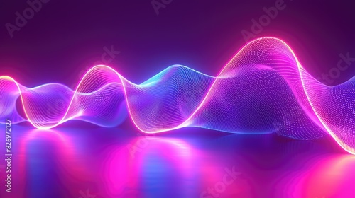 A glowing neon wave shape in an abstract form shines in the purple spectrum of ultraviolet light. This futuristic background showcases a gradient design element that can be used for banners or wallpap photo