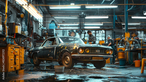 Two mechanics in a well-equipped garage working on restoring a classic car, surrounded by tools and equipment, representing automotive repair.