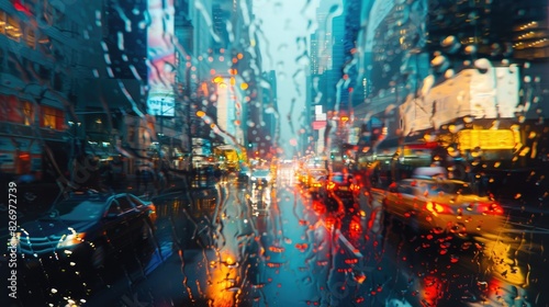 Abstract patterns of light and liquid grace the city streets as rain gracefully dances upon them