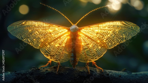 An insect with shimmering golden wings that radiate a golden glow photo