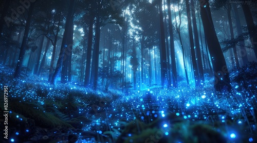 Enchanted blue forest aglow with mystical lights