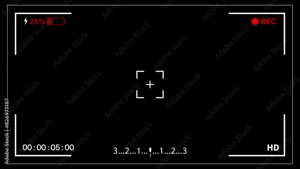 Video Camera Recording Screen Low Battery Signal. Camcorder Screen Interface. Viewfinder Camera Recording  Screen Low Battery Signal Overlay 