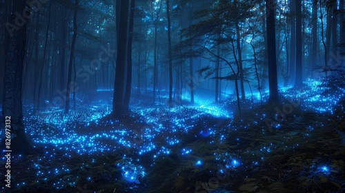 Enchanted forest aglow with mystical blue lights