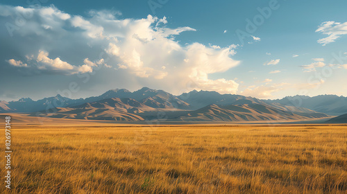 A vast desert with mountains in the distance. The ground is covered in dry grass. The sky is blue and there are some clouds.