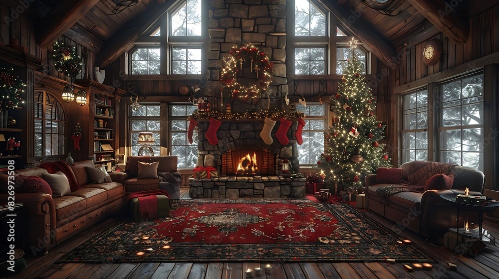 Obraz premium A spacious, decorated cabin living room features a warm fireplace and festive Christmas tree during.