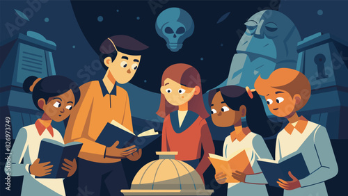 A group of students intently study ancient artifacts in a dimly lit room listening attentively as their guide explains the significance and history. Vector illustration
