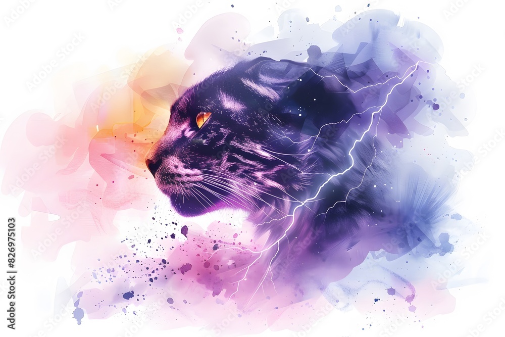 Fototapeta premium double exposure cat with colorful watercolor 