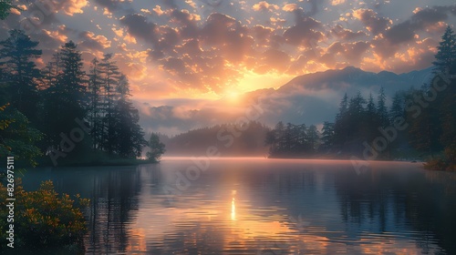 morning sky painted with soft fluffy hues of light pink and gold, castingwarm glow overquiet lake