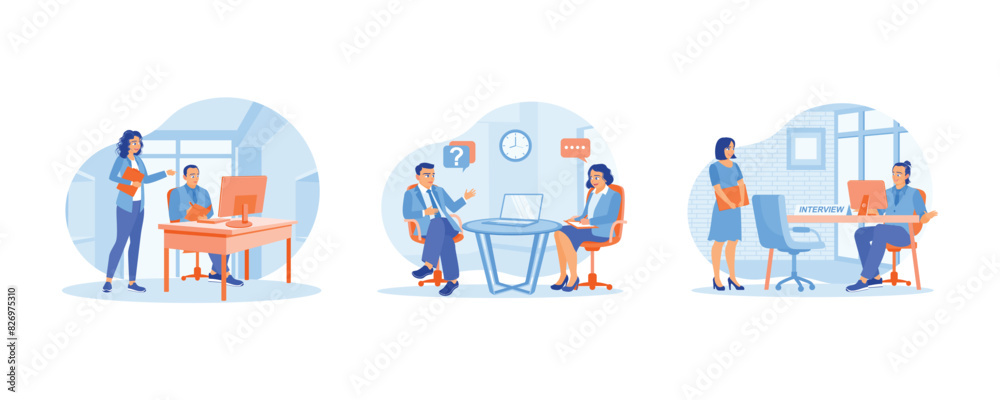 Job seeker meets the manager. Discuss work assignments. job interview with an HR leader. Job interview concept. Set flat vector illustration. Job seeker meets the manager. Discuss work assignments. job interview with an HR leader. Job interview concept. Set flat vector illustration.