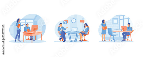 Job seeker meets the manager. Discuss work assignments. job interview with an HR leader. Job interview concept. Set flat vector illustration.