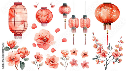 PNG Chinese New Year Lanterns with Floral flower Decoration and Red Ornaments. beautiful watercolor element collection set art Happy Chinese new year. watercolor element