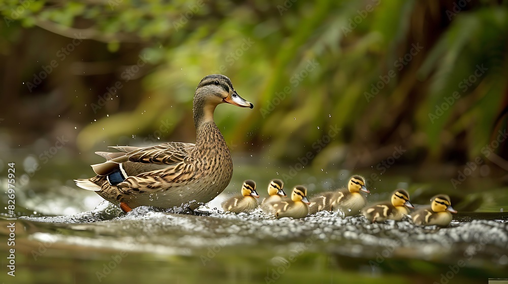 Snap a shot of a mother duck leading her ducklings across a pond, the family following closely in her wake