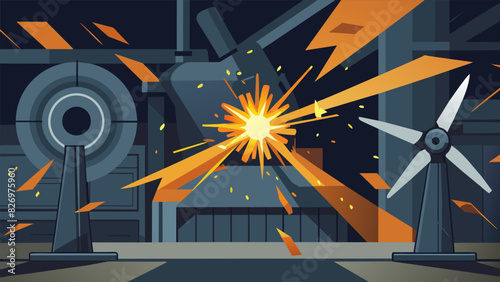 Bright sparks flew from the turbines in the metalworking foundry their powerful blades slicing through thick pieces of metal with ease.. Vector illustration