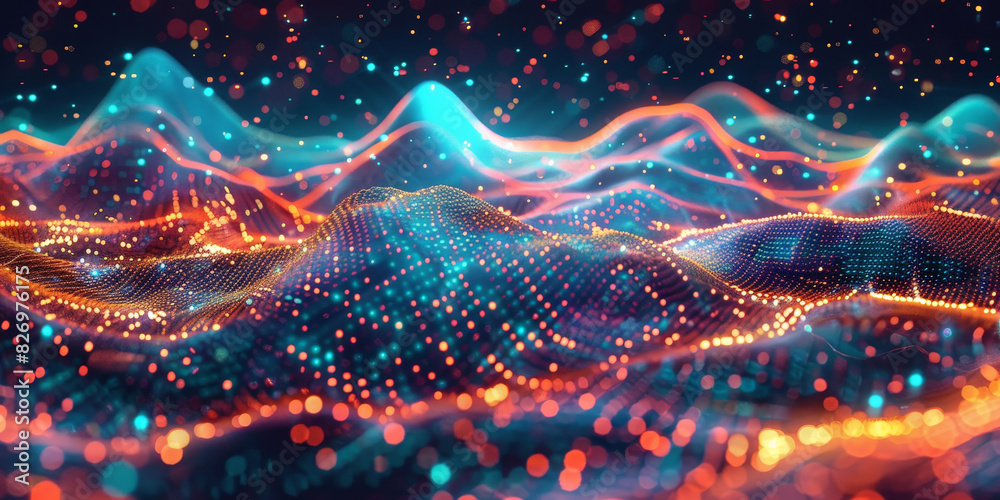 Abstract colorful waves with sparkling particles, featuring a blend of vibrant hues and dynamic movement, creating a mesmerizing and futuristic visual effect.
Abstract colorful waves with sparkling particles, featuring a blend of vibrant hues and dynamic movement, creating a mesmerizing and futuristic visual effect.