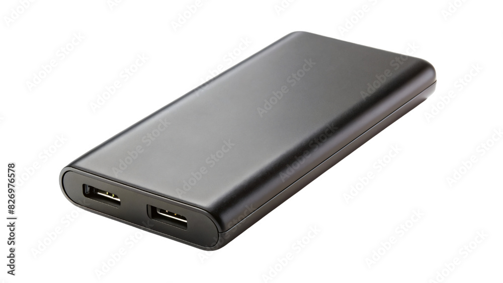 Black USB phone charger sits isolated on white, a key piece of mobile tech for keeping devices powered Black USB phone charger sits isolated on white, a key piece of mobile tech for keeping devices powered