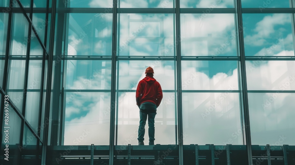 Fototapeta premium Edge of the world a person contemplating the vast sky and clouds, travel and adventure concept