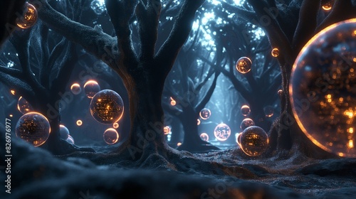 A surreal fusion of organic and synthetic forms, where glowing orbs of AI algorithms float amidst a forest of fractal trees. 32k, full ultra HD, high resolution