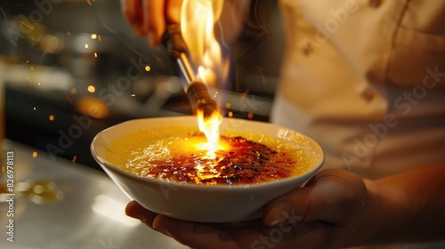 A close-up of a chef using a blowtorch to caramelize the top photo