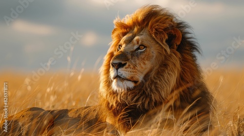 Majestic lion basking in the golden sunset