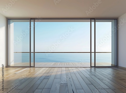 An empty room with glass doors and a view of the sea in Spain